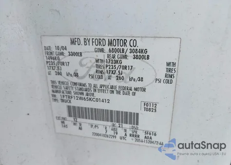 2005 Ford F-150 Stx/Xl/Xlt z USA, uszkodzony, nr VIN 1FTRF12W65KC01412